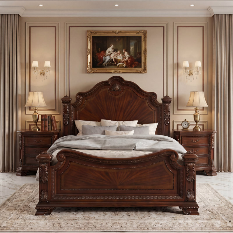 Ensemble de chambre à coucher Bharata, Trois pièces : lit et deux tables de chevet, Grand