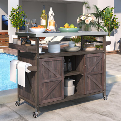 Chariot de gril d'extérieur brun foncé - tablettes amovibles et porte-serviettes en bois de sapin massif avec tablette ouverte dans le support central