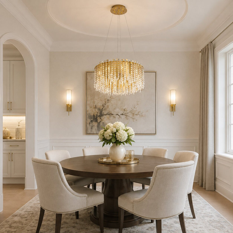 Lustre 9 lumières en acier inoxydable doré avec perles de cristal transparentes
