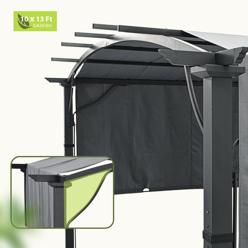 Aluminum Outdoor Pergola with Slightly Arched Canopy and Retractable Shade, Gray, 13.15 ft x 9.1 ft