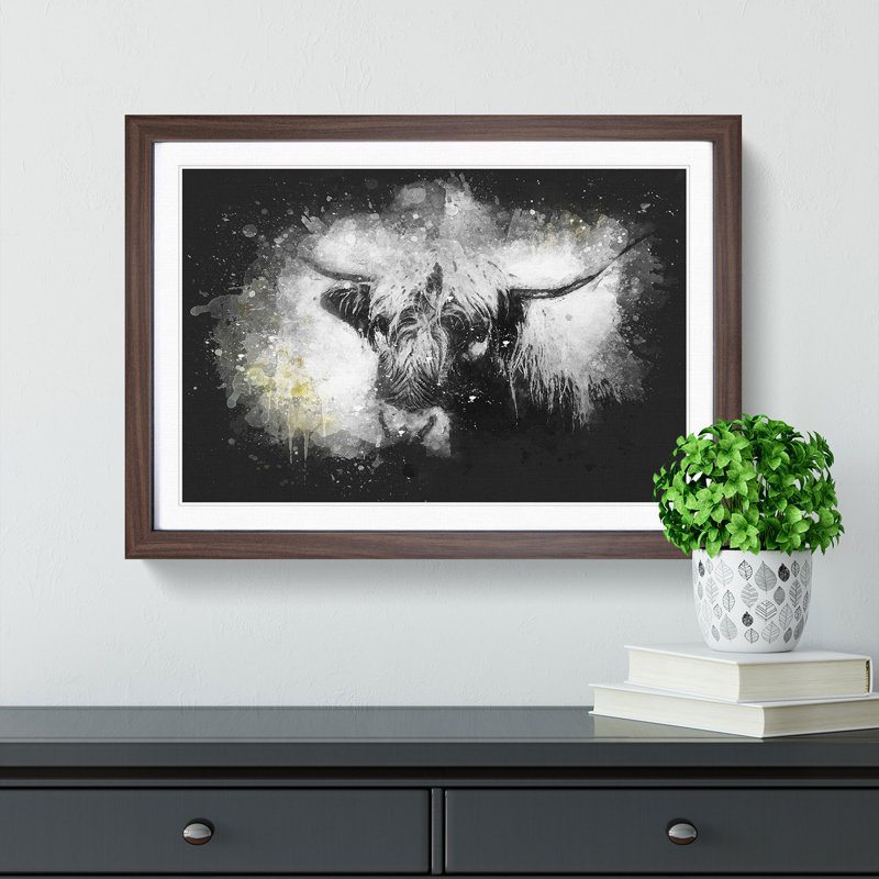 Paint Splattered Highland Cow Framed Print, 60cm H x 91cm W x 2cm D, Walnut Framed