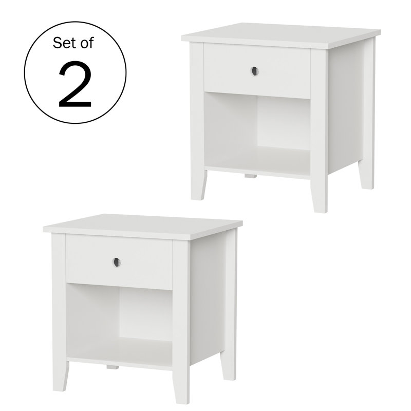 White Manufactured Wood End Tables with Drawer and Storage Shelf, Set of 2