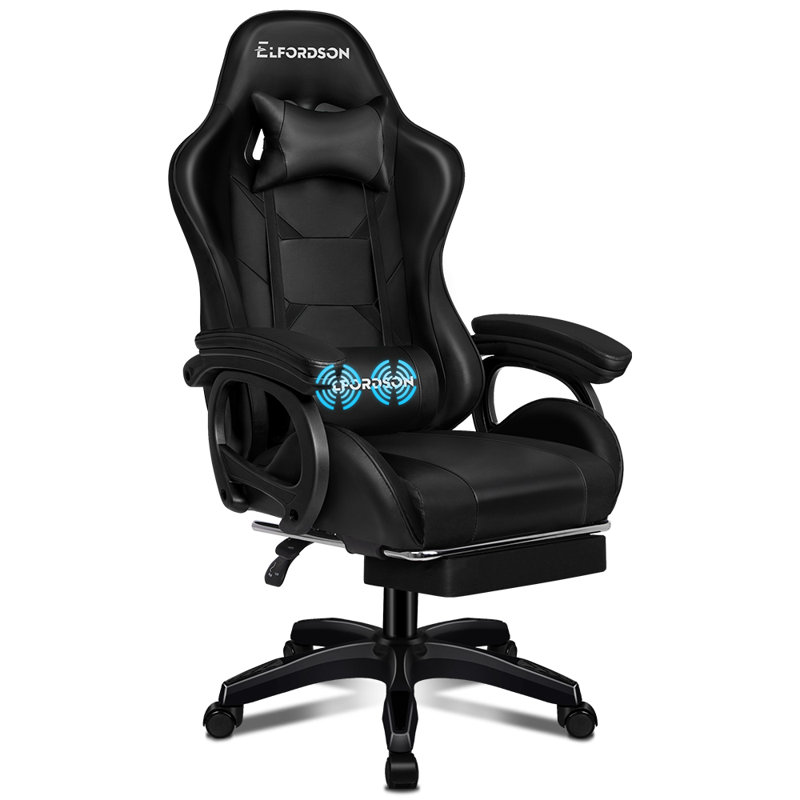 ELFORDSON Xavier Adjustable Reclining Faux Leather Swiveling PC & Racing Game Chair with Footrest, Black