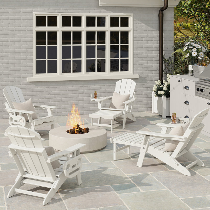 HDPE Folding And Adjustable Adirondack Chair With Ottoman, White