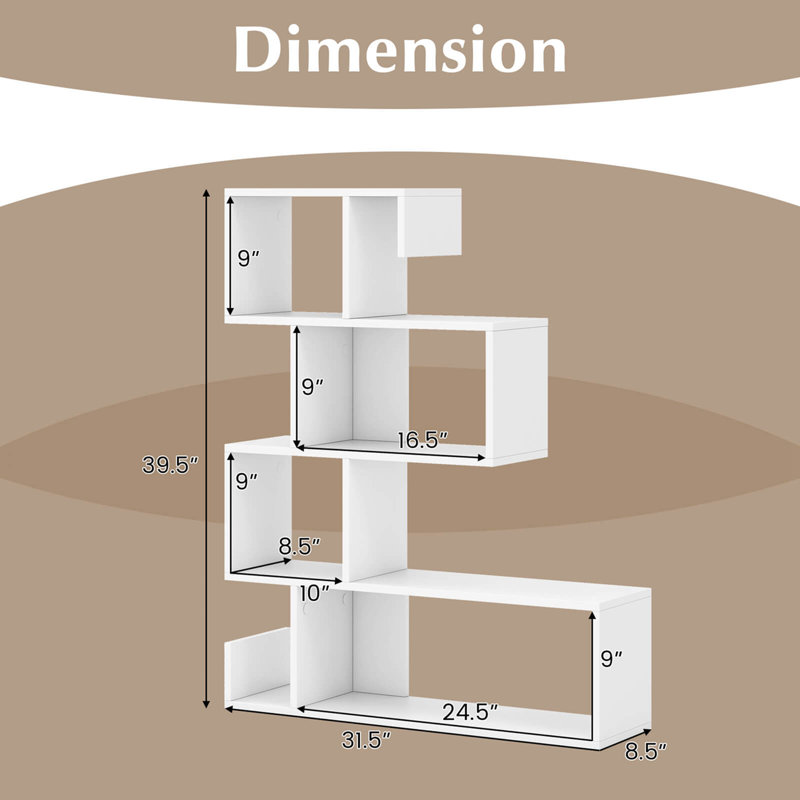 Ebern Designs 1 Pcs S-shaped Bookshelf Freestanding Stepped Etagere Bookcase With Anti-tipping Kits White