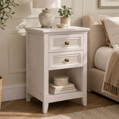 Grayish White Boho Rattan Nightstand with 2 Drawers and Open Shelf Easy to Assemble for Bedroom Living Room and Home Office