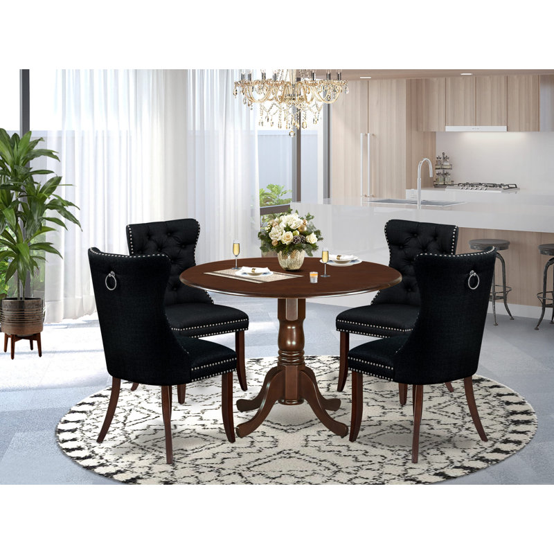 Ensemble de salle à manger 5 pièces comprenant une table de cuisine ronde avec Dropleaf et 4 chaises rembourrées, acajou