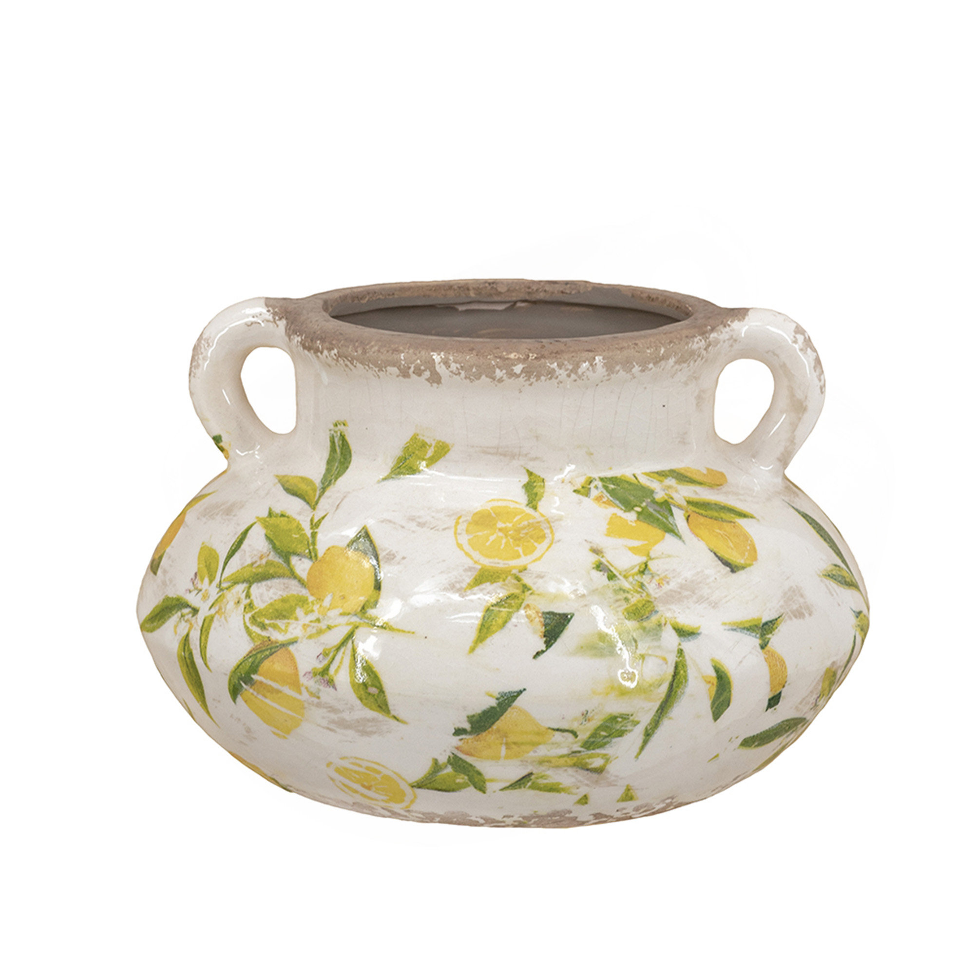 Wide Ceramic Planter With Yellow Lemon And Green Leaf Motif And Small Handles