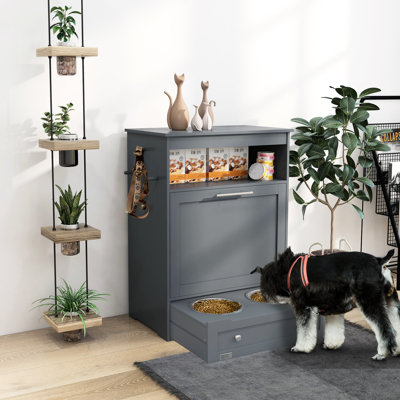 Pet Feeding Unit, Gray - Organize Time, Raised Dog Bowls & Compartment Supply Storage With Hanger, Save Space And Keep Things Organized