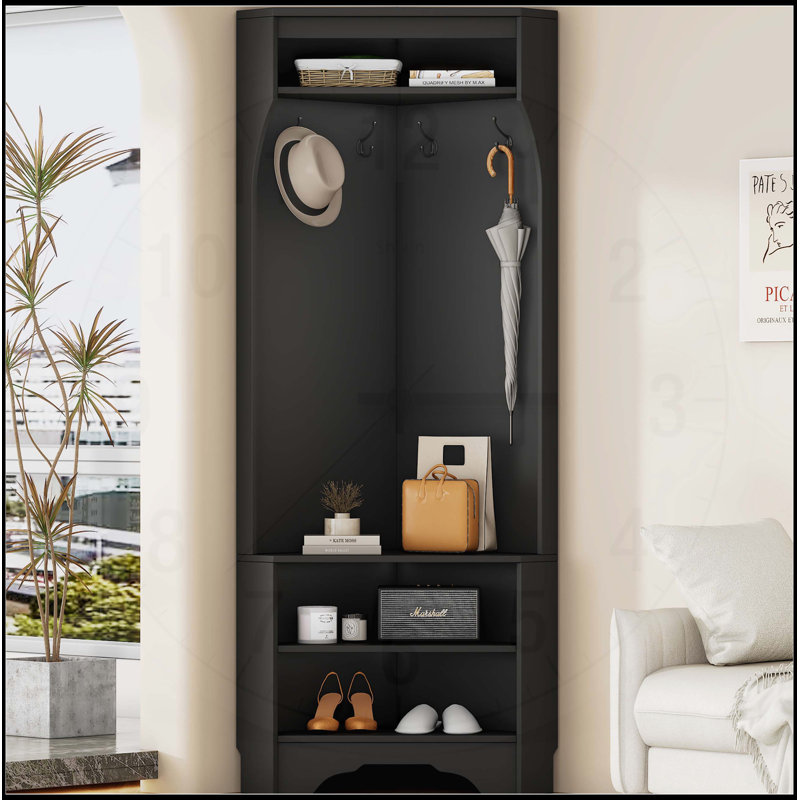 Minimalist Corner Hall Tree with Shoe Bench and Coat Rack, Space-Saving Design with Adjustable Shelf for Entryways, Black