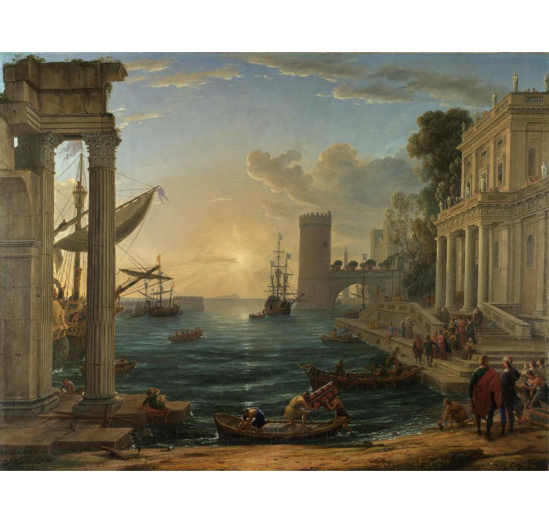 "L'embarquement de la reine de Saba" par Claude Lorrain - Art sur toile tendue avec châssis, H 40 po x l 28 po