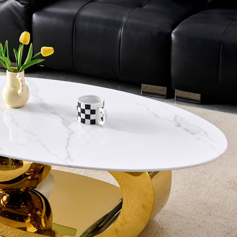 Table basse 51,20 pouces ovale en faux marbre pour le salon, design moderne, base en acier inoxydable à motif de marbre blanc.