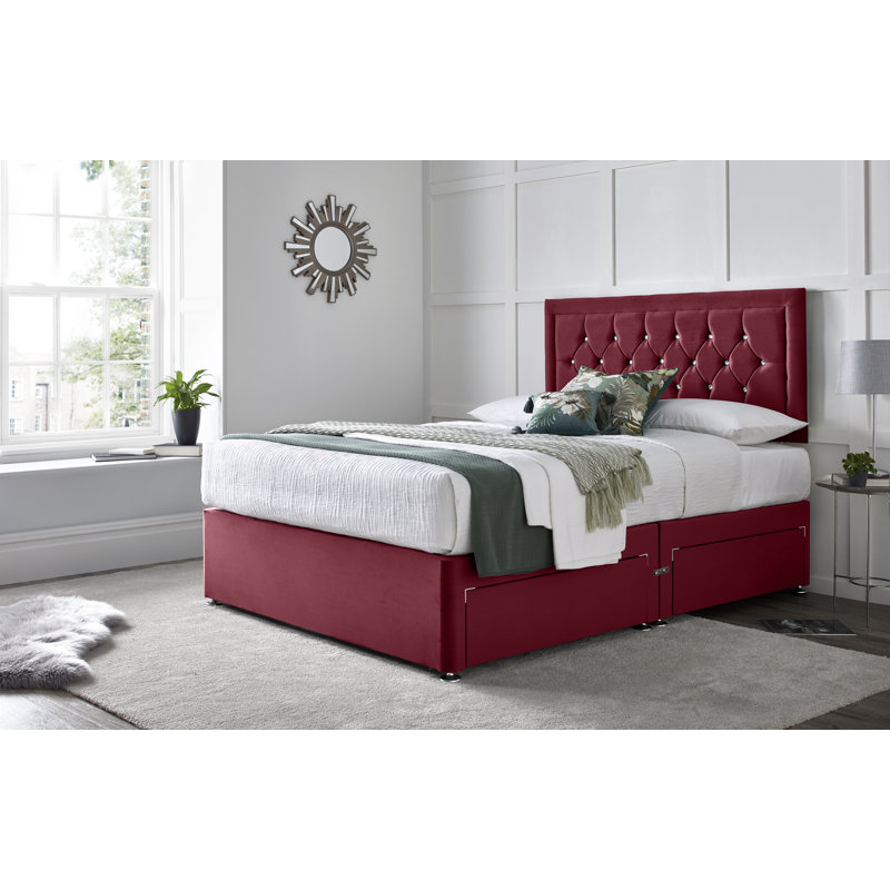 Fly Princess Divan Bed with 24" Headboard on Struts, Maroon, 4 Drawers, Small Double (4')