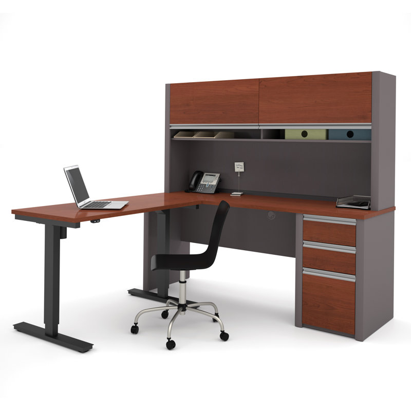 Aurea Piece Computer Desk Office Set, Antigua/Black, 4-Piece Set (1 Desk, 1 Table, 1 Credenza, 1 Hutch