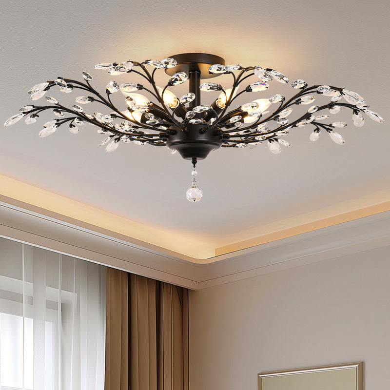 Jamei 8 - Light 37.4" Dimmable Crystal Semi Flush Mount, Black