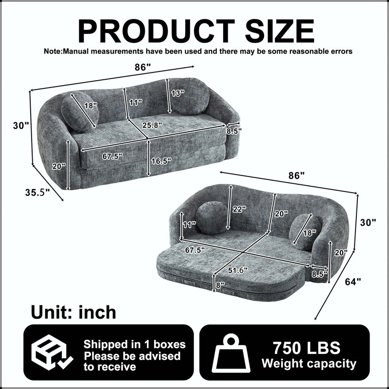 Canapé-lit courbé convertible 86 po 2 en 1 avec tissu chenille 86 po, Chenille gris