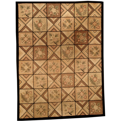 Vintage One-of-a-Kind Rectangle 9' X 12'2" 1940s Wool Area Rug in Beige/Black/Brown