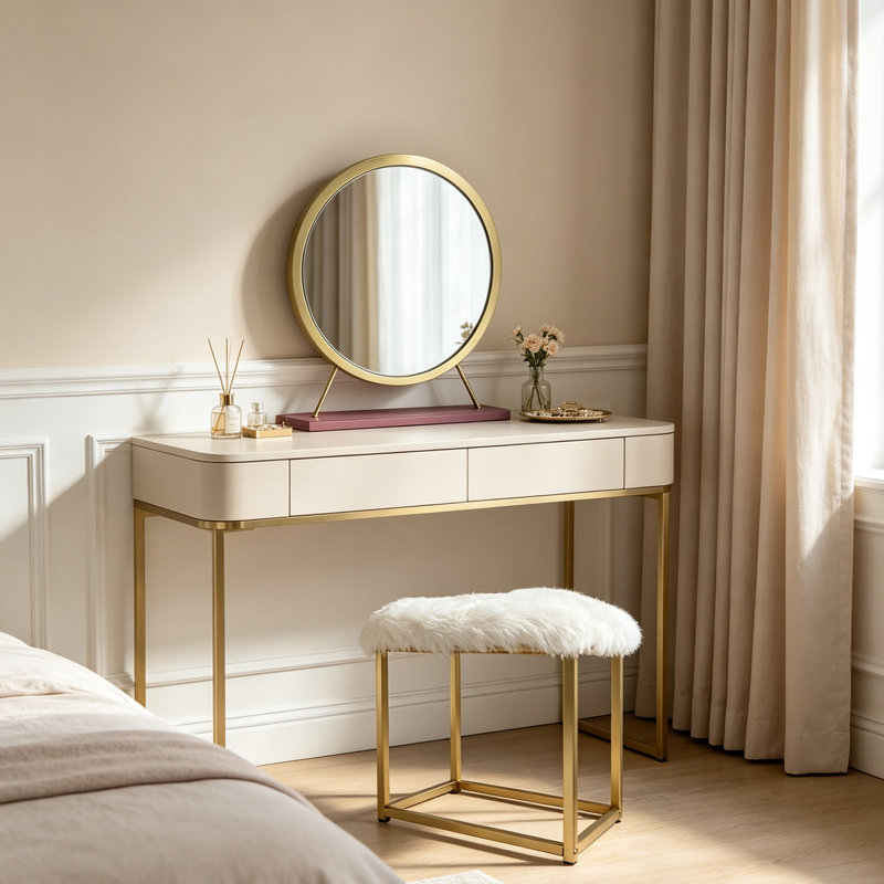 Tabouret de coiffeuse minimaliste moderne en fausse fourrure blanche avec structure en métal doré et miroir rond HD à base rose