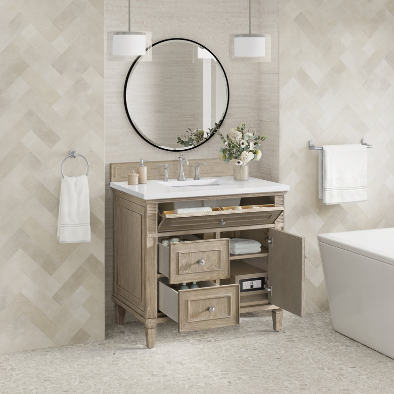 Lorelai 36'' W Single Vanity, Whitewashed Oak, White Zeus, 8" Widespread