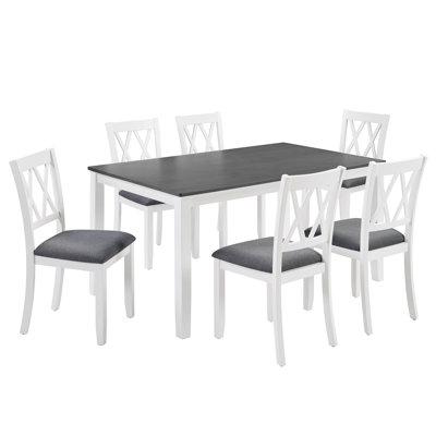 Modern 7-Piece Solid Wood Dining Set with 6 Upholstered Chairs – Rectangular Table for 6, Space-Saving Kitchen & Dining Room Set, Easy Assembly