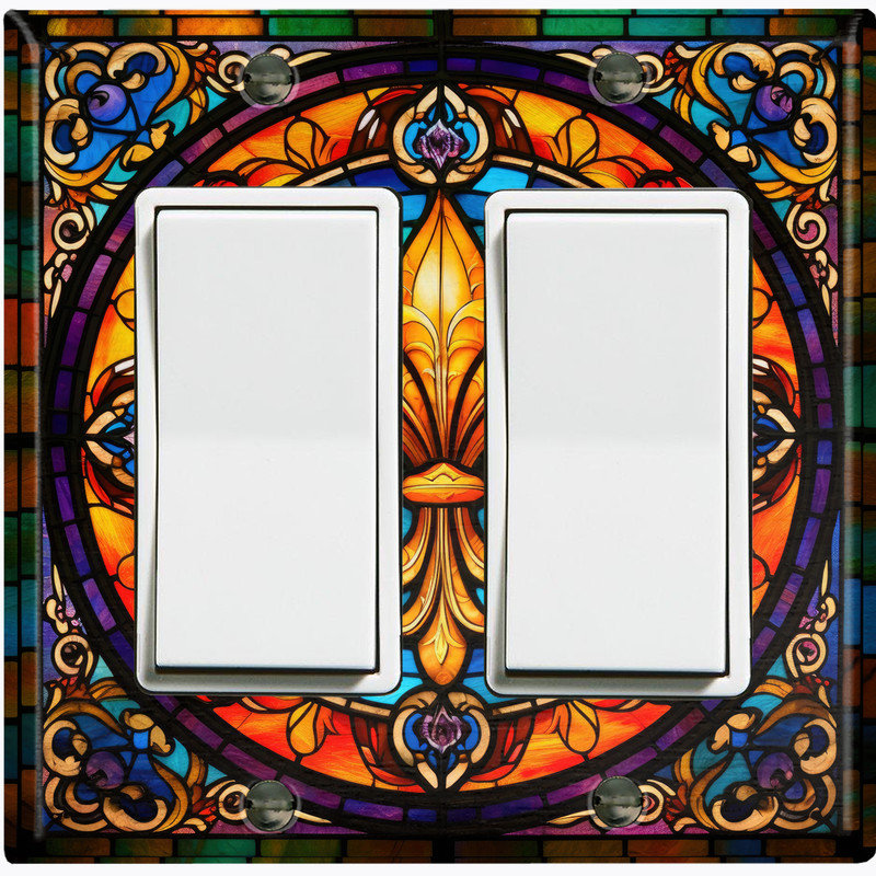 Couvercle de plaque d'interrupteur en métal; Fauteuil à bascule GFI de taille 2 US - image imprimée du vitrail Fleur De Lis