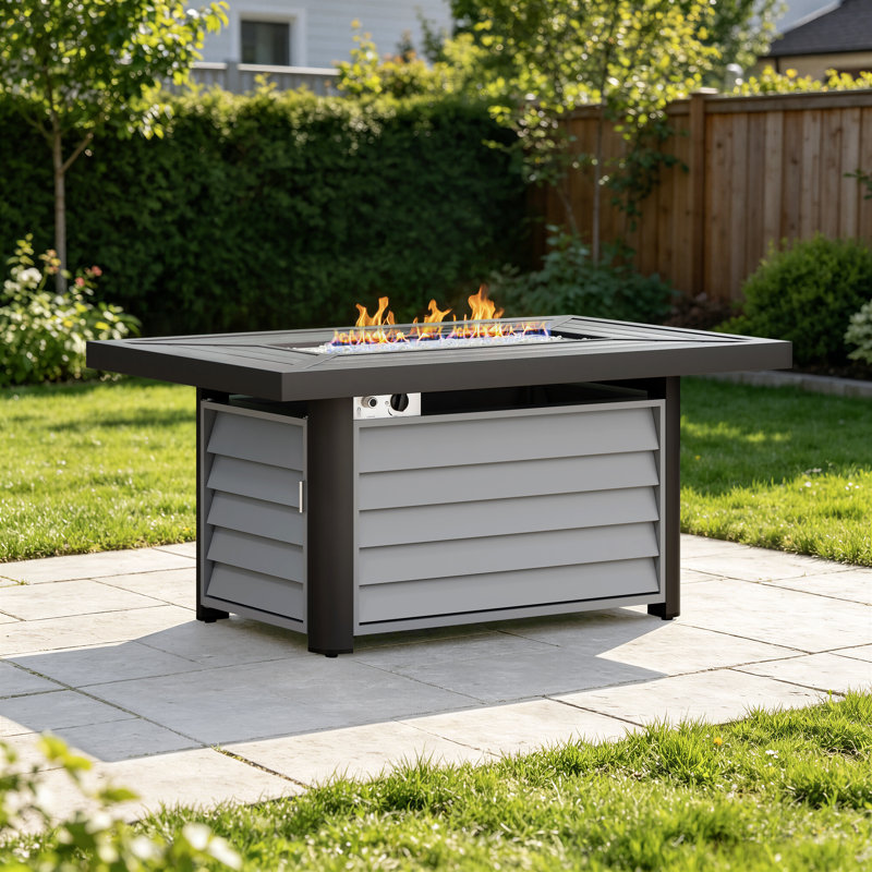 Baecher Aluminum Propane Outdoor Fire Pit Table with Hidden Fuel Tank Storage & Lid, 24.6" H x 51.9" W x 33.9" D, Gray