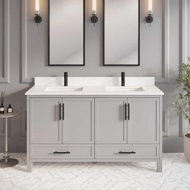 Meuble-lavabo double lavabo Houston II en bois massif, 152 cm (L) x 56 cm (P), gris essentiel, avec rangement discret et comptoir en pierre reconstituée.