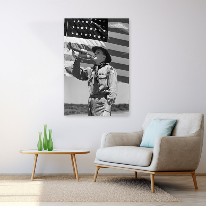 «Boy Scout 1940» jouant du clairon devant un drapeau américain de 48 étoiles, rétro, portrait abstrait, art mural urbain