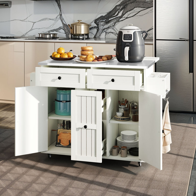 Îlot de cuisine sur roulettes l 39,4 po avec abattant, Blanc