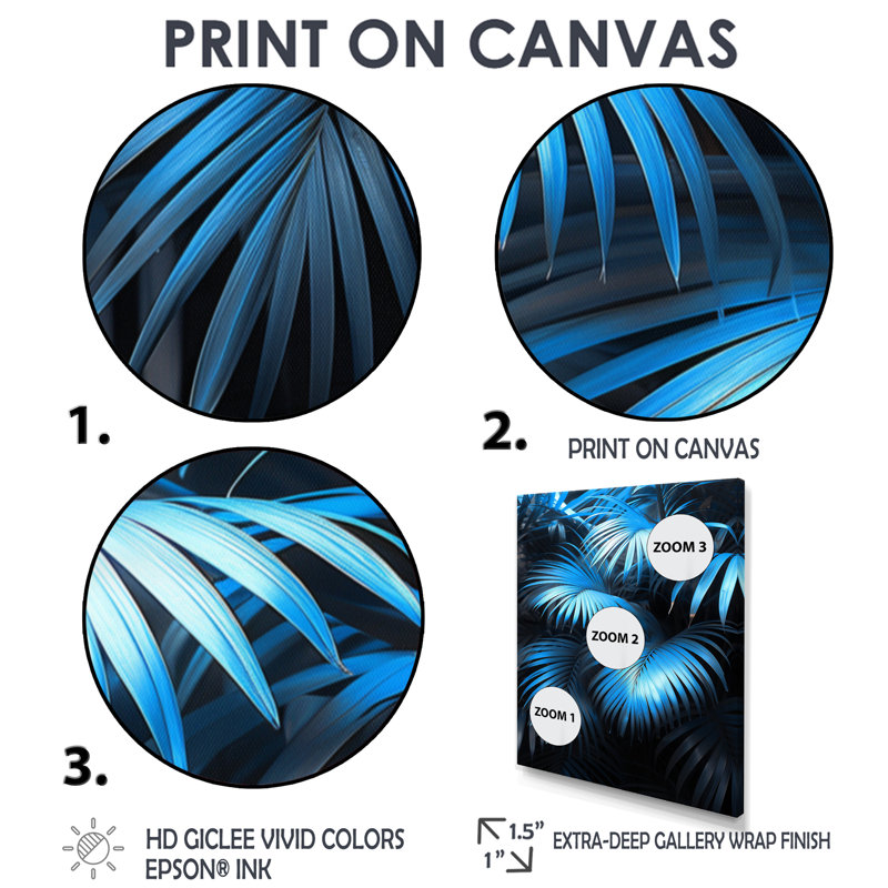 «Blue Palm Trees» par Natures Nuance I - palmiers et palmiers, art mural, Encadrement argenté, H 30 po x l 40 po