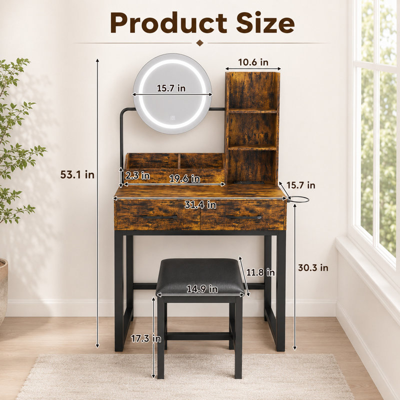 Ensemble coiffeuse de 81 cm avec miroir lumineux et station de charge, marron