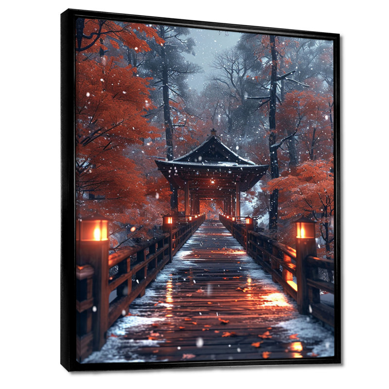 Automne, sentier vers un refuge asiatique - paysage, art mural, H 20 po x l 12 po x P 1 po, Toile avec cadre flottant noir