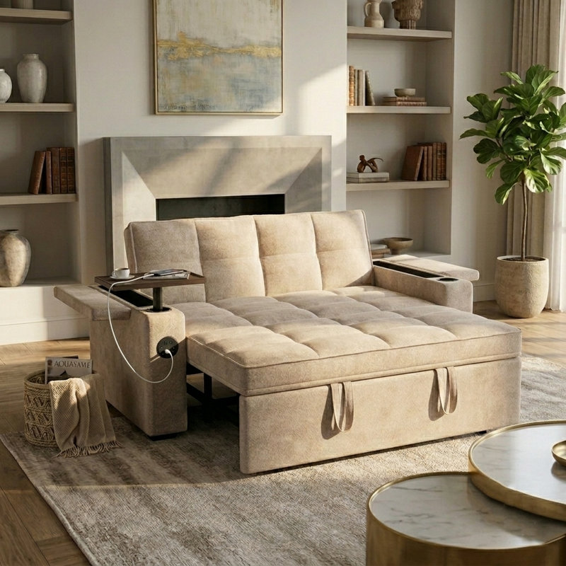 65" Convertible Sleeper Sofa With Pull-Out Bed, Loveseat Sofa Bed with Adjustable Backrest & 360° Swivel Side Table, Khaki