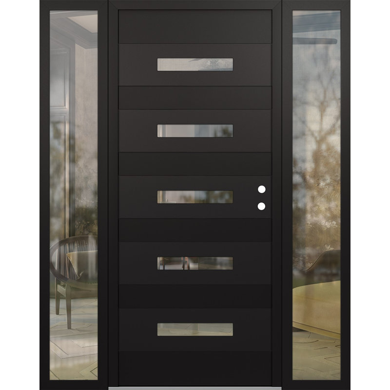 D9 68 po. X 80 po Panneau d'entrée en acier noir et verre transparent noir avec 2 portes d'entrée en verre pré-montées