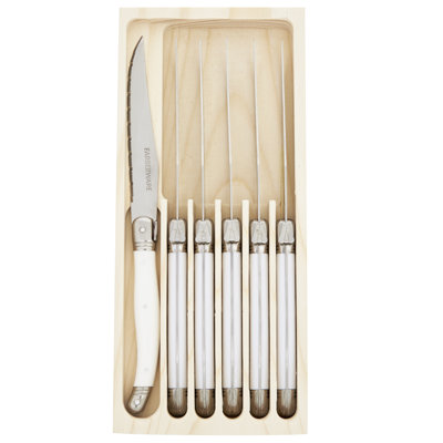 Farberware 6-Piece Triple Rivet Laguiole Steak Knife Set with White Handles with Wood Tray