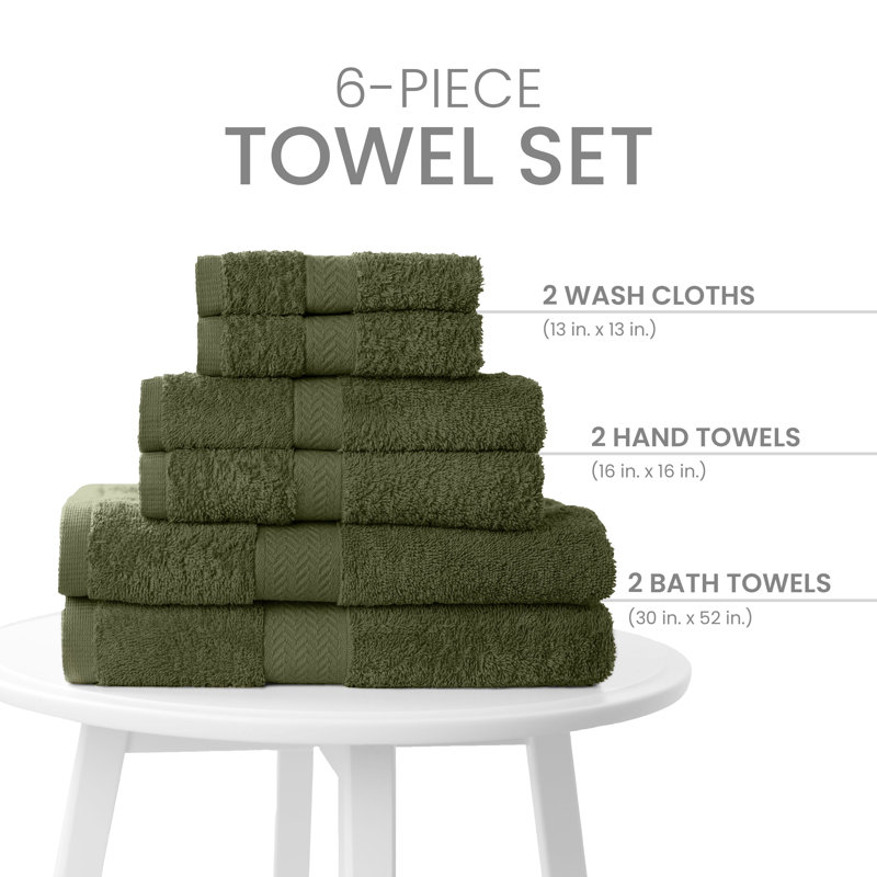 Dark Green Cotton 6-Piece Washcloth and Hand Towel Set