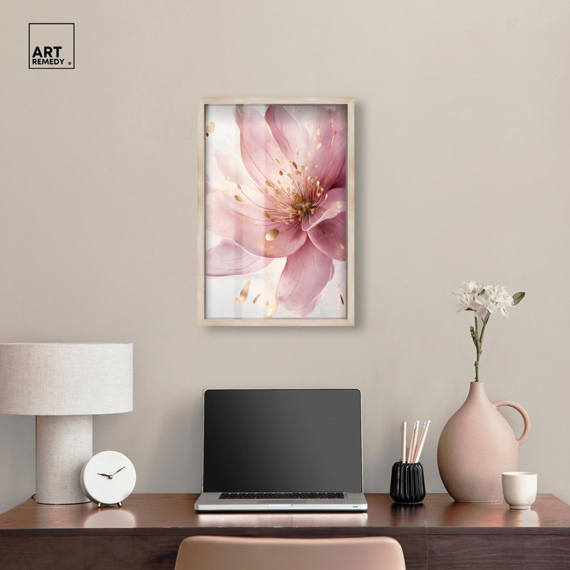 Art floral élégant, rose et doré, par Shadowbox, H 25 po x l 17 po, Crème, crème