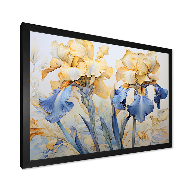 «Golden Blue Irises Melody I» sur toile, Cadre photo noir, H 24 po x l 32 po