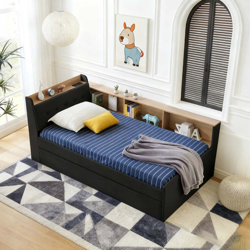 Twin Size Upholstery Velvet Height Adjustable Day Bed with Storage Headboard, Black