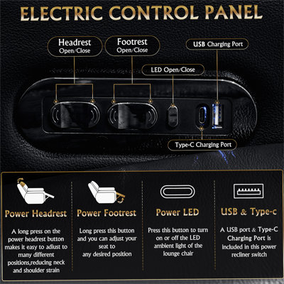37.8"Power Recliner 1 PC Made Withtop-Grain Nappa,Fully Adjustable Relaxation,Smart Charging,Dynamic RGB LED Lighting,BLACK