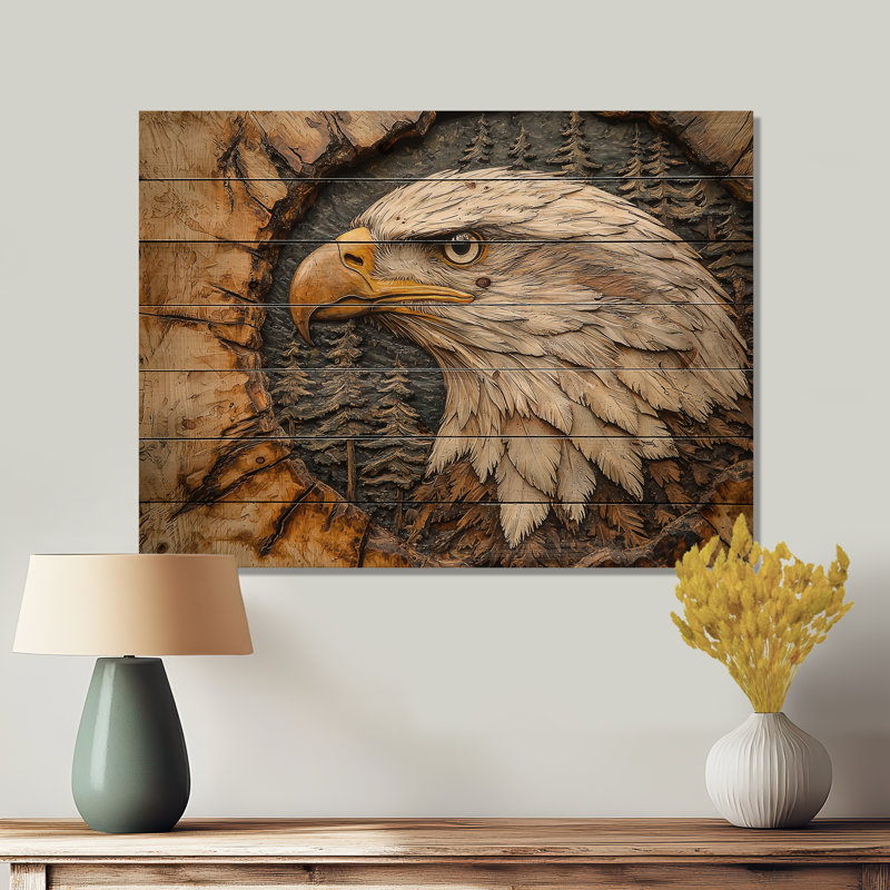 Aigle dans une forêt, diapositive de paysage d'aigle, impression sur bois animal, sur bois de pin naturel, H 34 po x l 44 po
