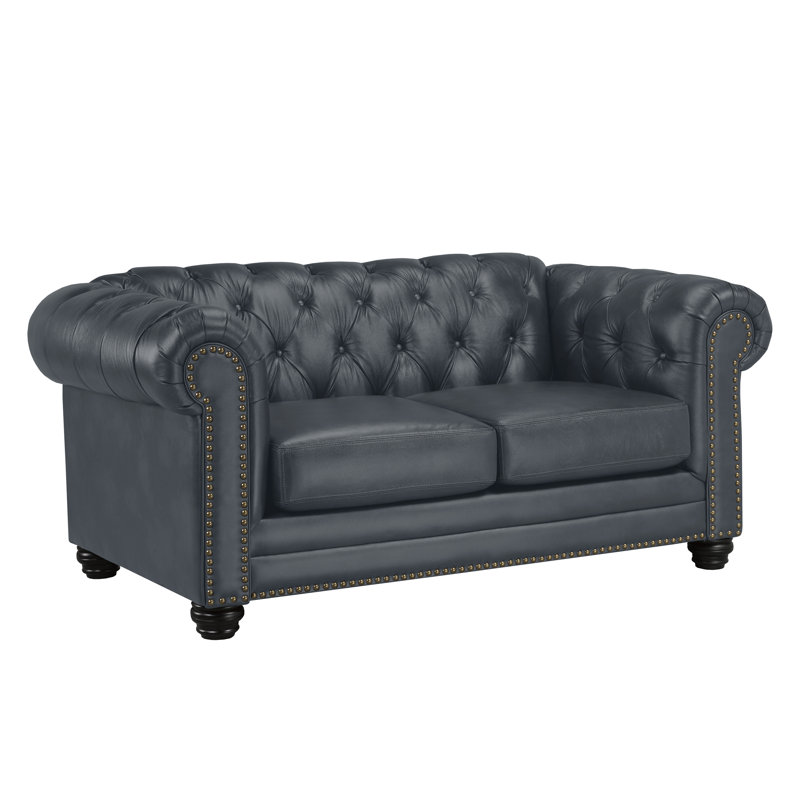 Ornellas 70" Leather Rolled Arm Chesterfield Loveseat, Slate Leather Match