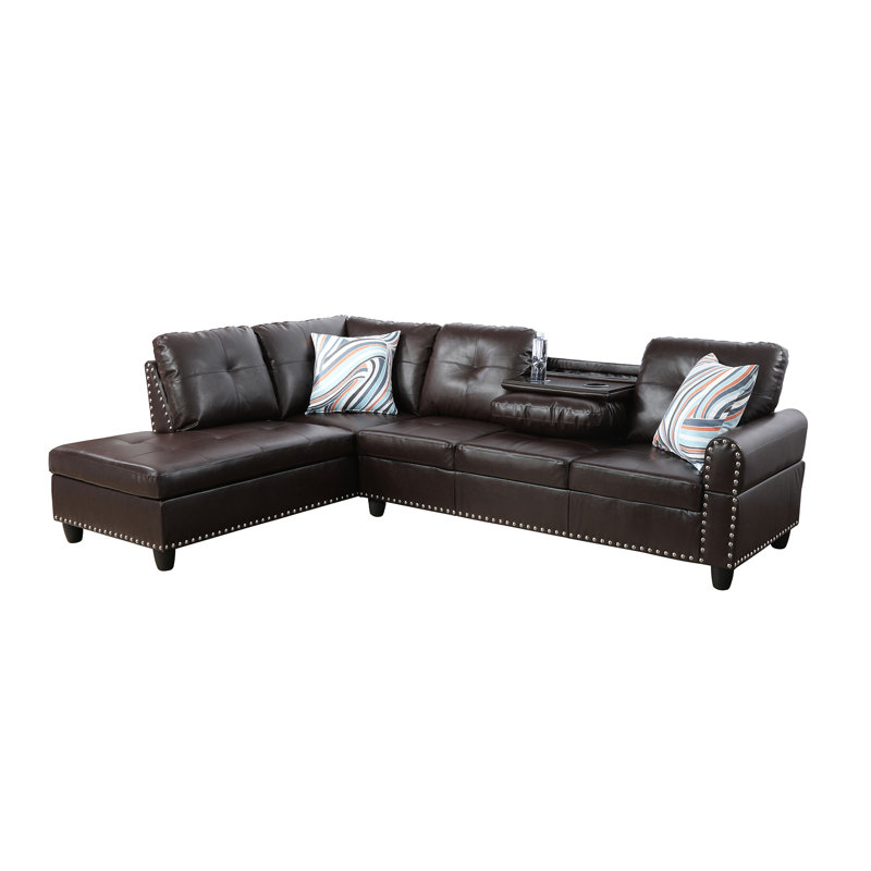 Morgynn Faux Leather L-Shaped Sectional, Left Hand Facing, Brown Faux Leather