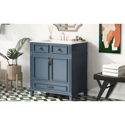 Retro Blue 30'' Bathroom Vanity With Solid Wood Frame, Ceramic Sink, Boards, Soft - Closing Mechanism, Ample Storage, Smooth Drawer Slide In Style, Glossy Drawer, Exquisite Metal Handle, Unique