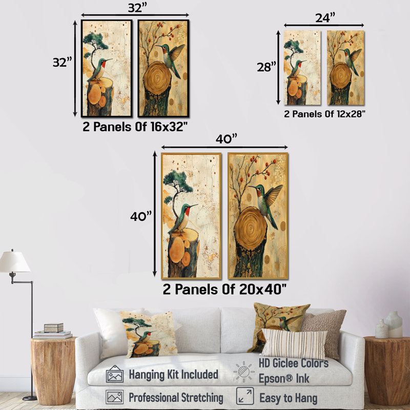 Abstrait colibri en bois Grace I - animaux, impressions sur toile 2 pièces, H 28 po x l 25 po, Cadre crème crème