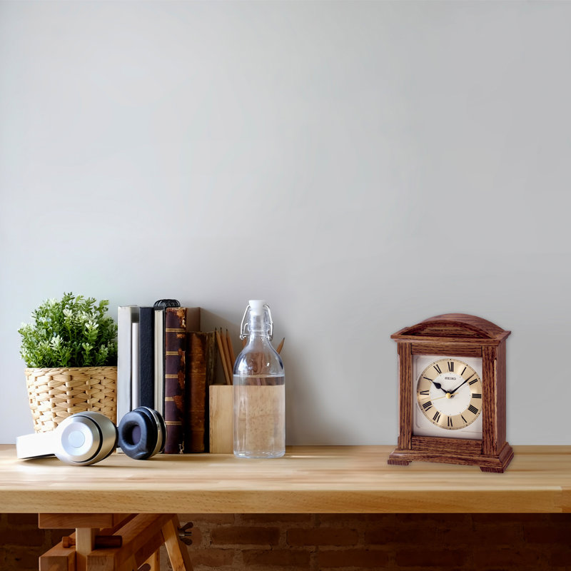 Roman Numeral Oak Solid Wood Quartz Movement / Crystal Tabletop Clock in Brown
