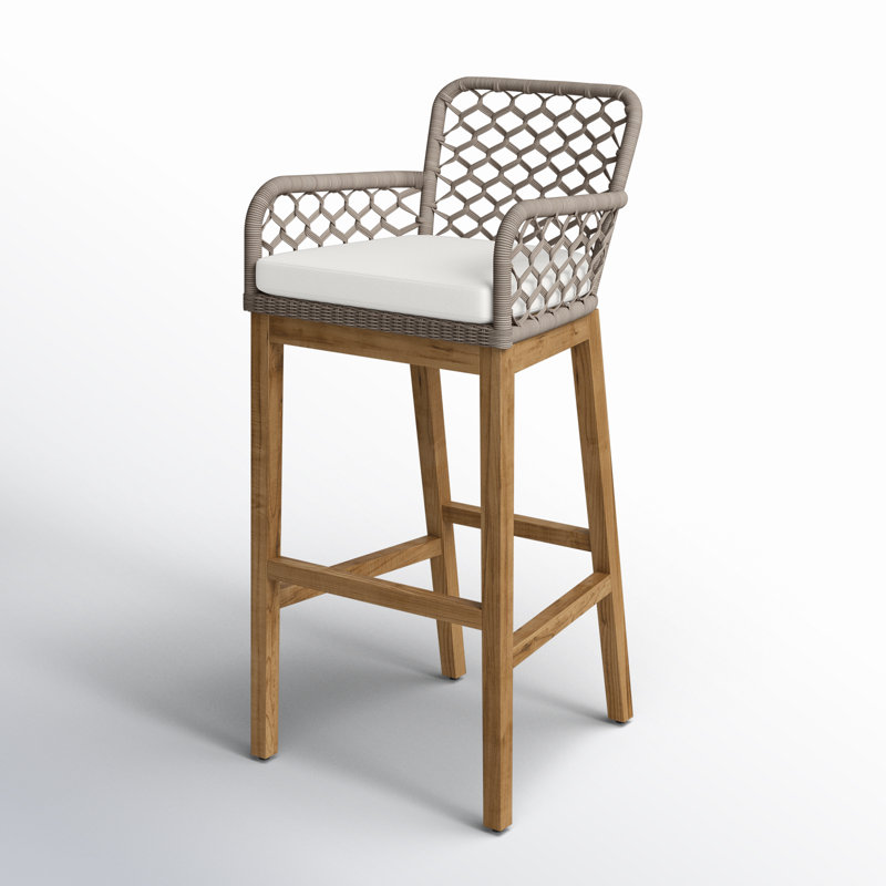 Gray Wicker and Teak Indoor/Outdoor Bar Stool with Cushion