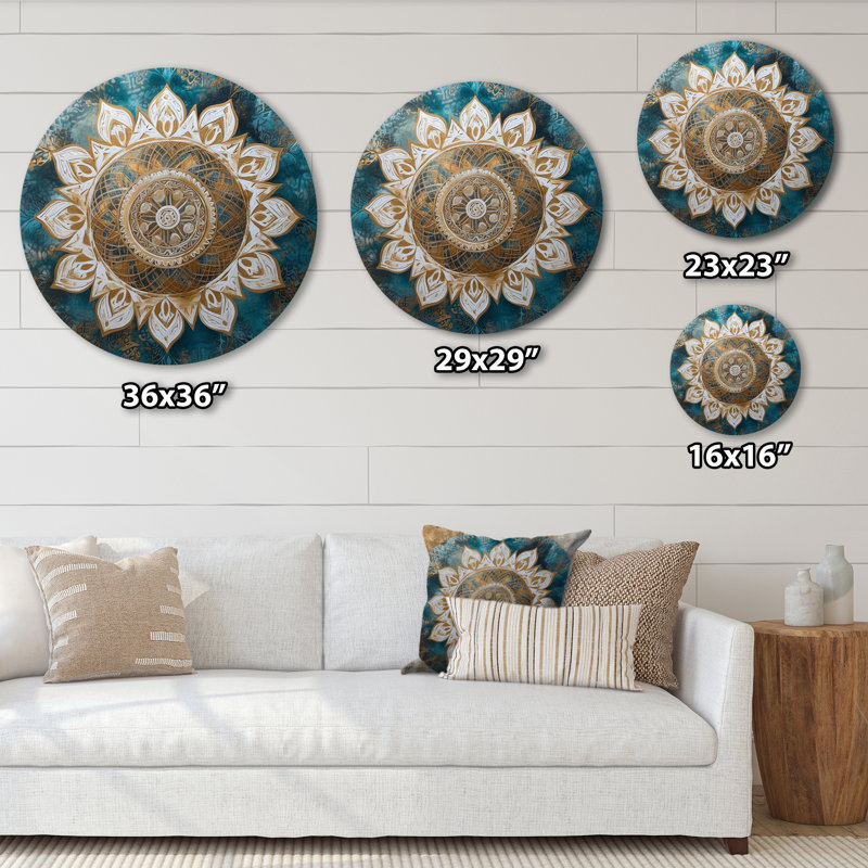 Sarcelle et mandala doré II - art géométrique rond en métal, H 36 po x l 36 po x P 1 po