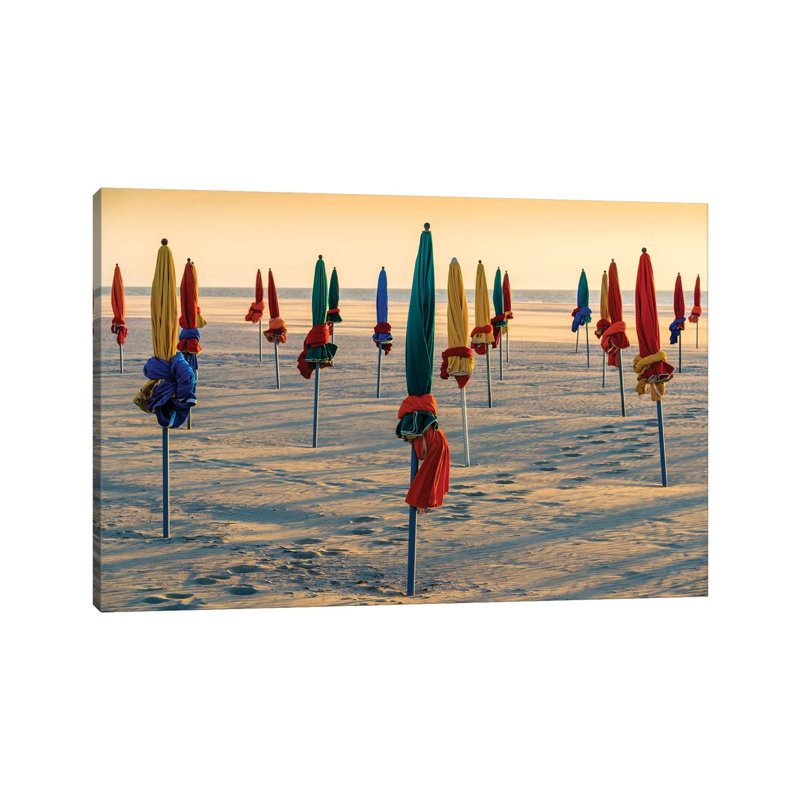 Beach Umbrellas At Sunset In Deauville Normandy France by Susanne Kremer - Wrapped Canvas Gallery-Wrapped Canvas Giclée