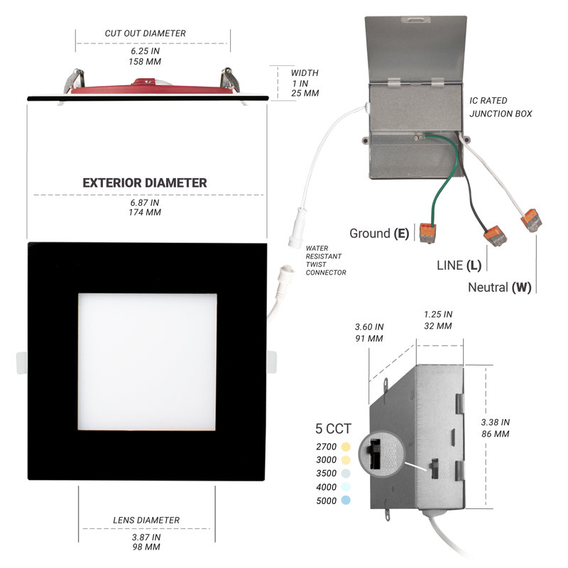 Luminaire encastré DEL NUWATT 6 pouces 2 heures FIRE, 2700K / 3000K / 3500K / 4000K / 5000K sélectionnable, 1200 lumens à intensité variable, homologué IC, encastré carré noir ultra-mince, pas de tenmat nécessaire, paquet de 6